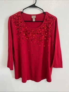 Chico's Red Sequin Scoop Neck Long Sleeve Top